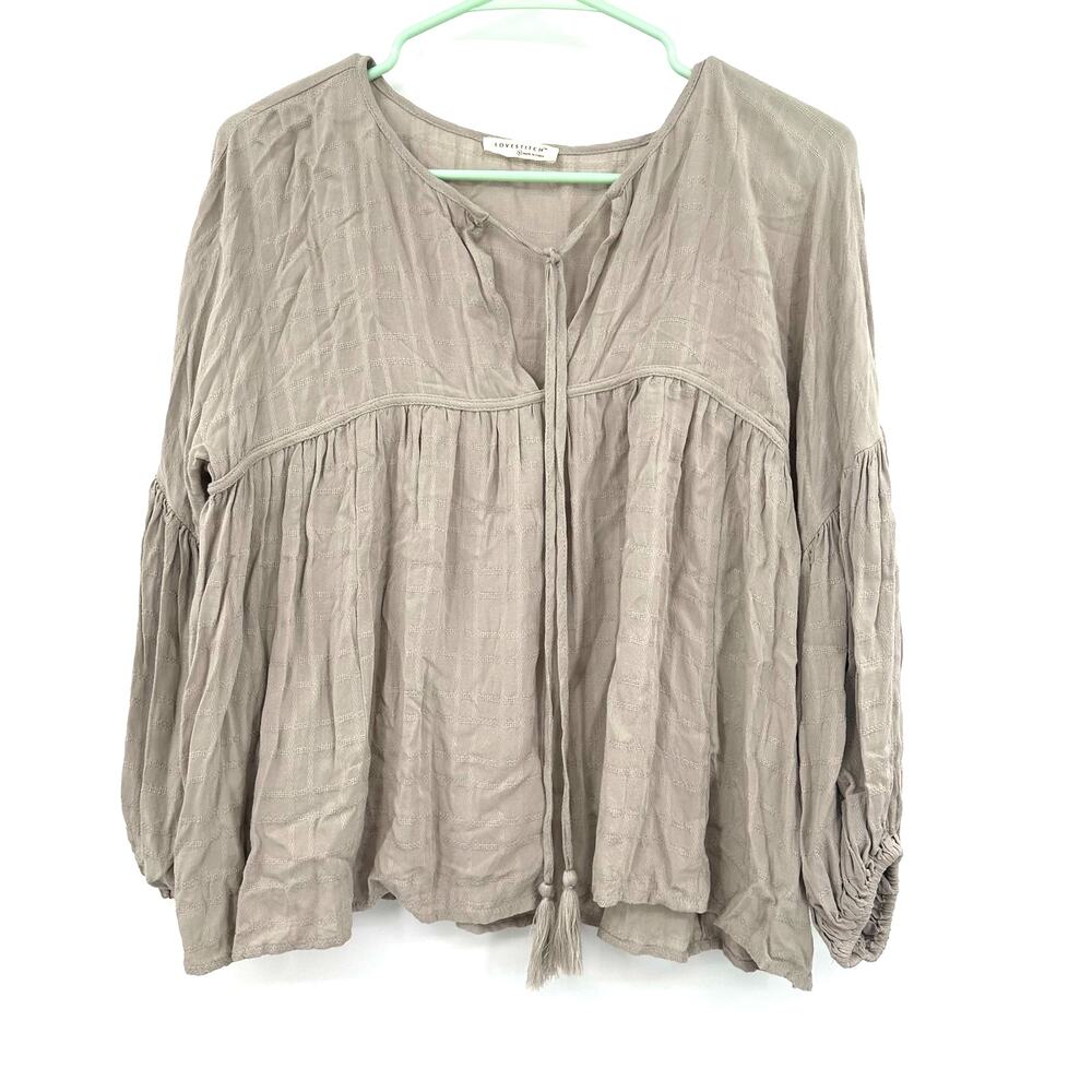 Lovestich Size Small Blouse Tan Lightweight‎ Long Sleeve Babydoll Flare V Neck